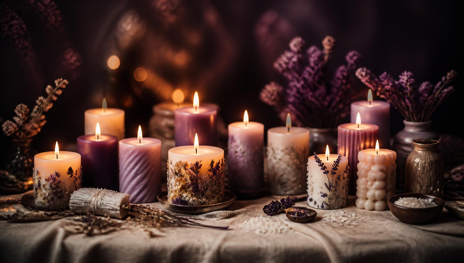 Velas artesanales encendidas sobre lino con flores secas
